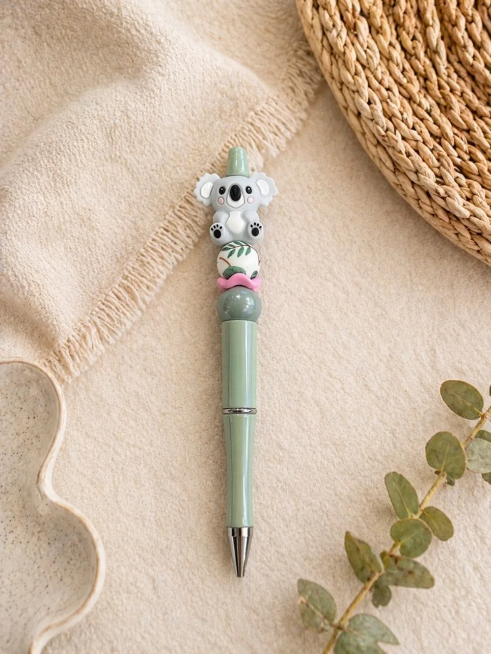 Adorable handmade koala beaded pen with hardcover Floral Green Spiral Notebook